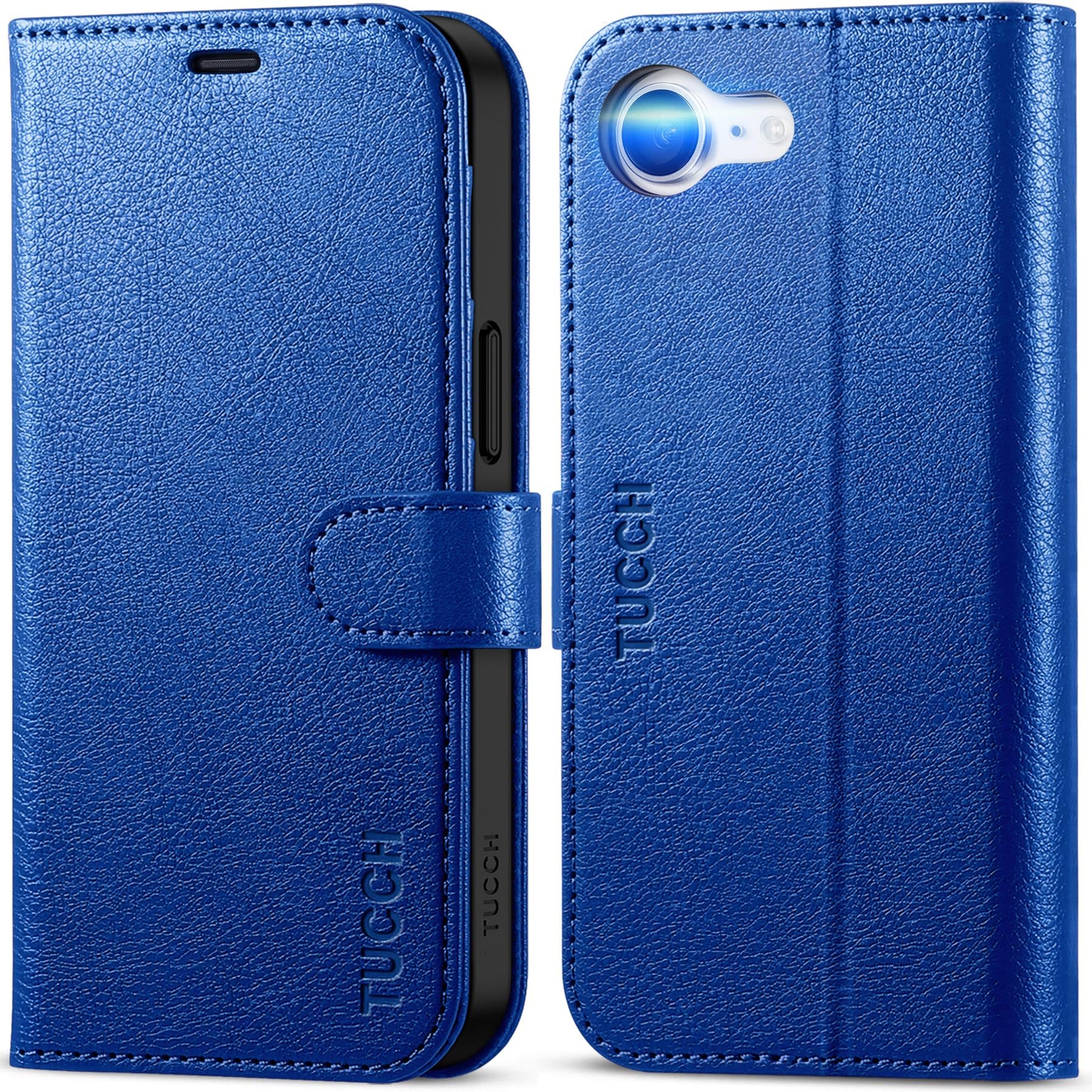 TUCCH iPhone17e 対応 ケース 手帳型 アイフォン16e 手帳ケース カード収納 横置きスタンド機能 [RFIDブロッキング] 耐衝撃 全面保護 TPU素材 PU合皮 あいふぉん17eカバー (2025年発売 6.1インチ アイフォーン17e/16e対応）テクスチャー クラインブルー