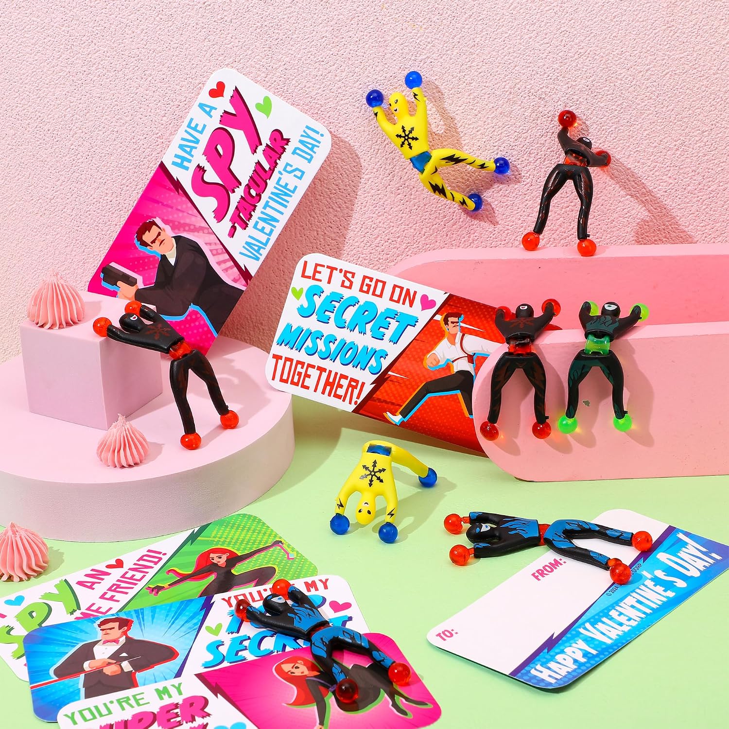 JOYIN 28 Packs Valentines Day Sticky Stress Relief Tricky Toys with Cards,Classroom Exchange Prizes, Sticky Wall Climbing Men Ninja with Cards, Stress Relief Toys for Kids Party Favor