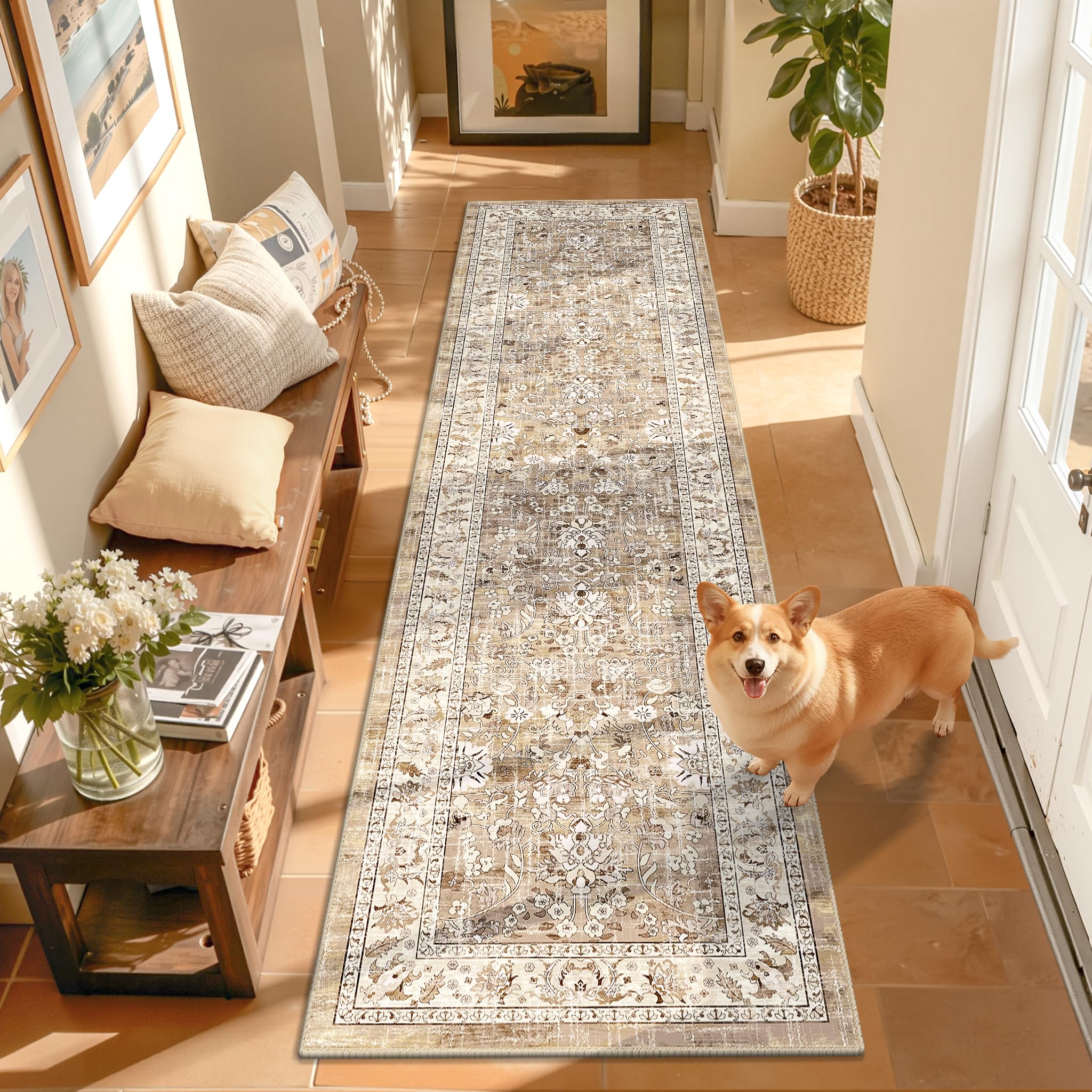 LOKHOM Washable Runner Rug, 2x8 Non-Slip Vintage Hallway Runner Rug with Rubber Backing, Boho Floral Soft Faux Wool Kitchen Rug Carpet Runner for Laundry Entryway Bedroom (Beige Brown)