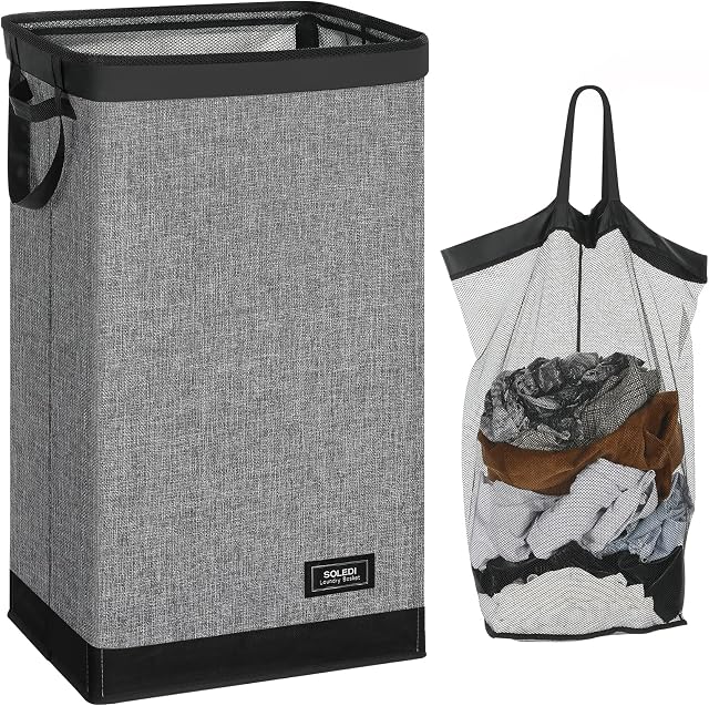 SOLEDI 100L Large Laundry Basket, Collapsible Laundry Hamper, Grey Washing Baskets for Laundry with Sturdy Inside Laundry Bag and Handles - Foldable Laundry Baskets for Bedrooms