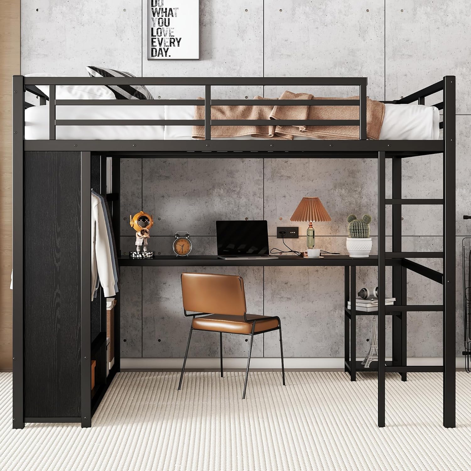 Queen Size Loft Bed, Solid Metal Loft Bed with Built-in Desk, Wardrobe and Storage Shelves, Heavy Duty Bed Frame with Safety Guardrails, Space Saving Design for Bedroom, Dormitory, Apartment, Black