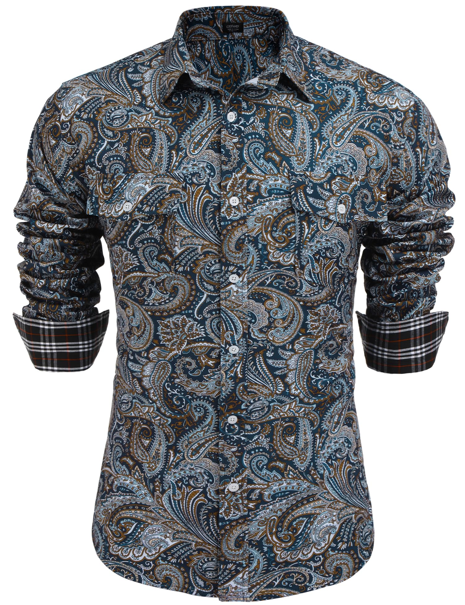 COOFANDYMens Paisley Printed Shirts Casual Long Sleeve Button Down Shirts Floral Dress Shirt with Pockets