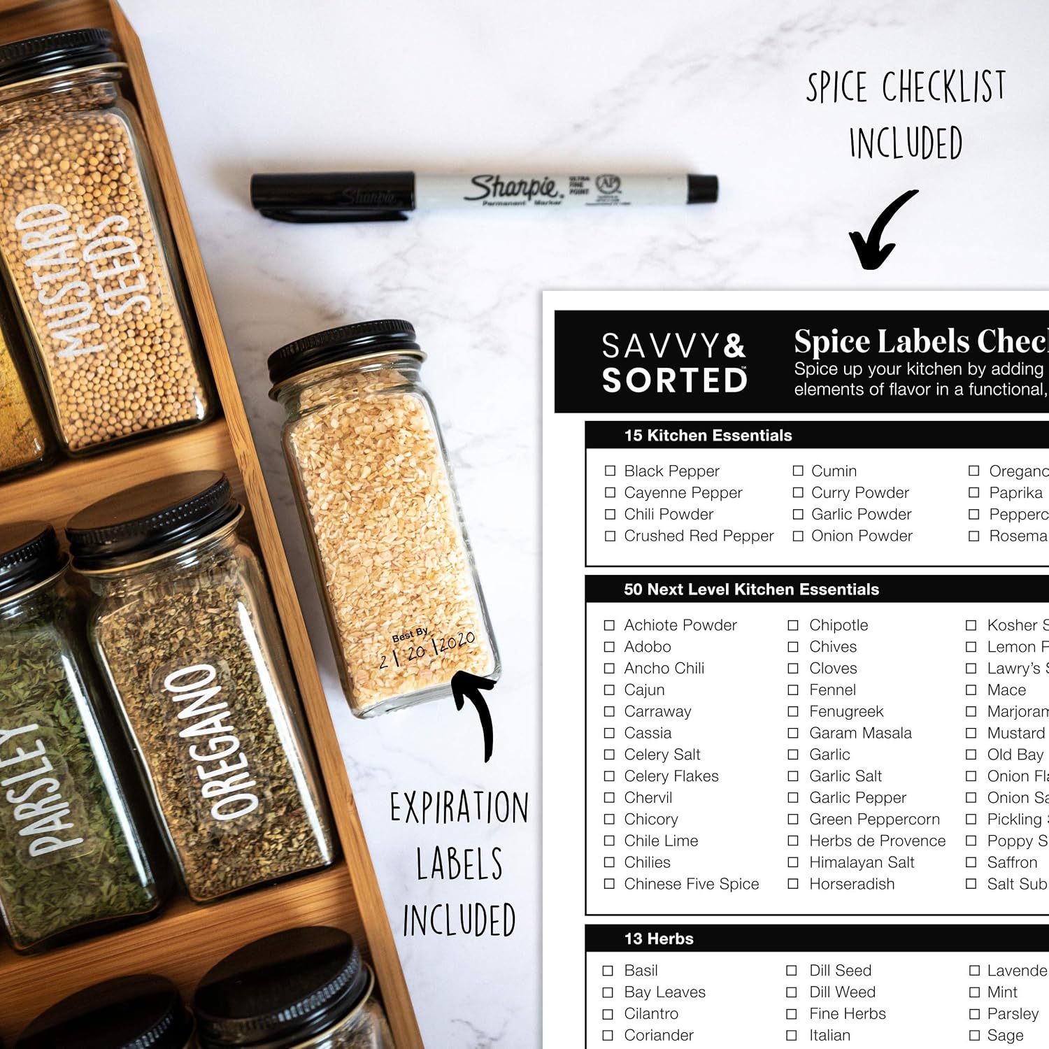 SAVVY & SORTED Spice Labels for Spice Jars - 153 Waterproof Spice Stickers Labels for Jars - White Text on Clear Stickers - Herb Seasoning Kitchen Organization Pantry Labels Waterproof Spice Stickers