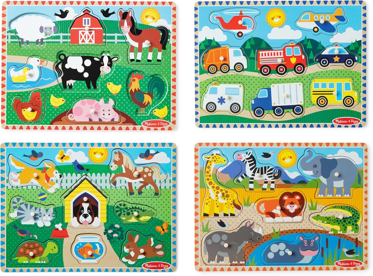 Wooden Peg Puzzle Set – 4-Pack Vehicle, Farm, Safari & Pet Animal Themes – Educational Puzzles for Toddlers and Preschoolers Ages 2+