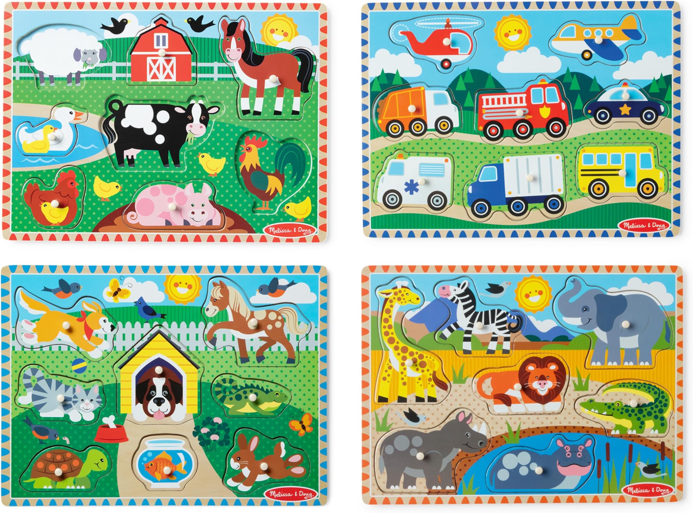 Wooden Peg Puzzle Set – 4-Pack Vehicle, Farm, Safari & Pet Animal Themes – Educational Puzzles for Toddlers and Preschoolers Ages 2+