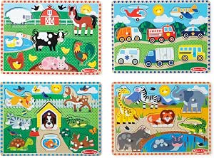 Melissa & Doug Wooden Peg Puzzle Set – 4-Pack Vehicle, Farm, Safari & Pet Animal Themes – Educational Puzzles for Toddlers and Preschoolers Ages 2+