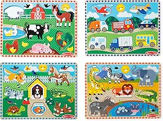 Melissa & Doug Wooden Peg Puzzle Set – 4-Pack Vehicle, Farm, Safari & Pet Animal Themes – Educational Puzzles for Toddlers and Preschoolers Ages 2+