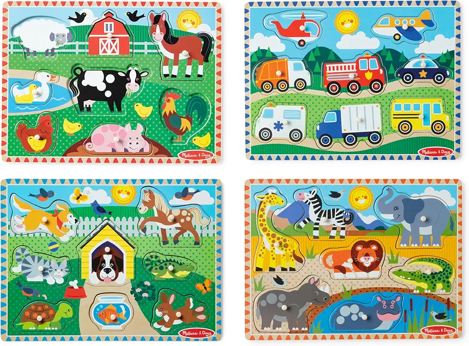 Melissa &amp; Doug Wooden Peg Puzzle Set – 4-Pack Vehicle, Farm, Safari &amp; Pet Animal Themes – Educational Puzzles for Toddlers and Preschoolers Ages 2+