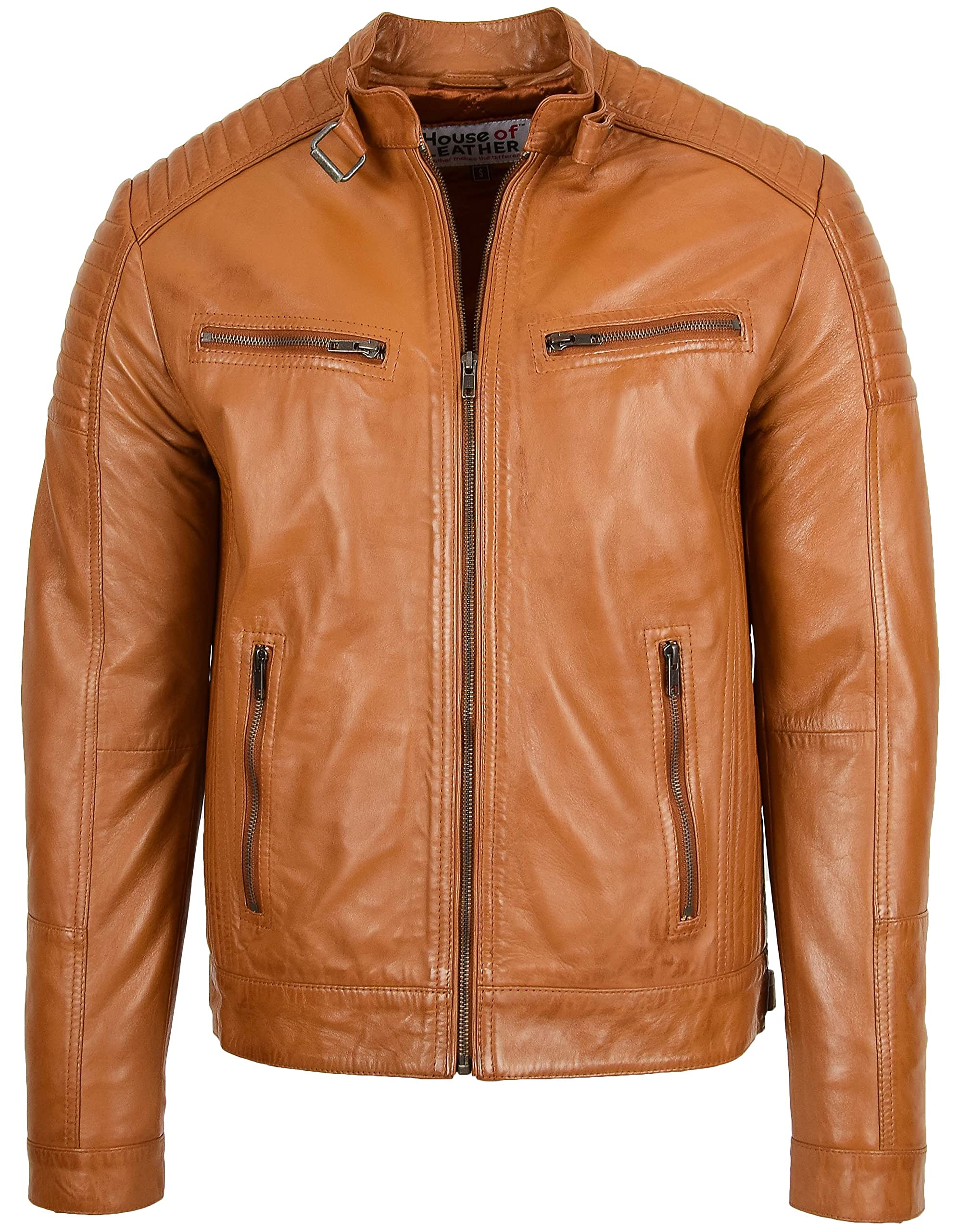 House Of Leather Men's Tan Real Leather Biker Jacket Cafe Racer Style Ron (L, )