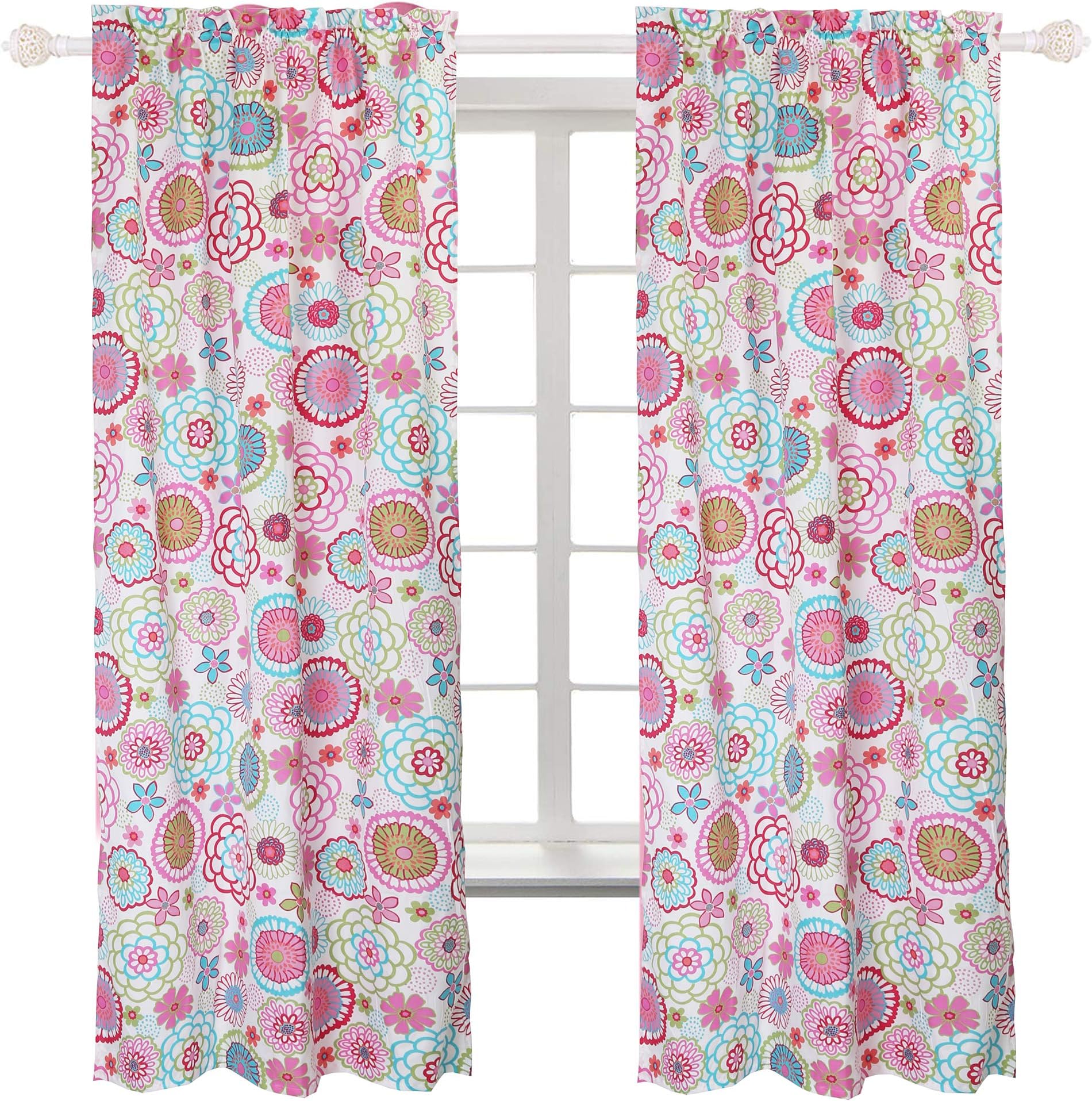 Cozy Line Home FashionsFlower Power Floral Colorful Bloom Multi-Color Pink Blue Green Orange Polyester Window Curtain Panel 63" Drapes