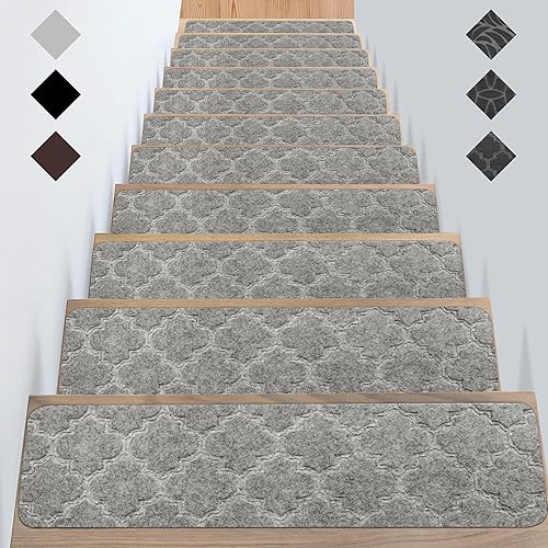 GOYLSER Cinta antideslizante para escaleras para suelos de madera dura, cubierta de alfombra para escaleras con adhesivo juego de 7, alfombra gris
