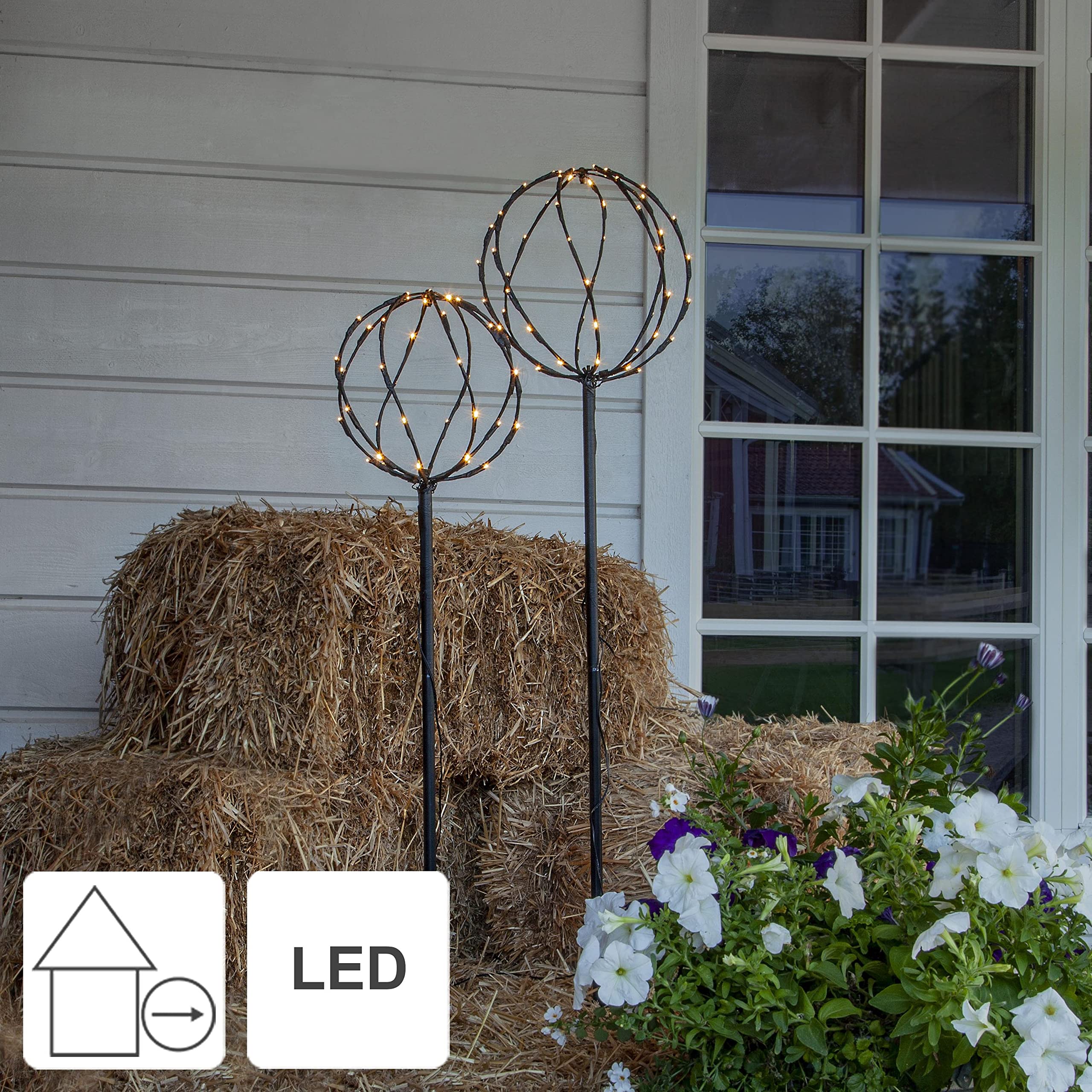 Star Trading Sphere Kugelleuchten Set Garten, 2er LED Außenleuchten mit Erdspieß, IP44, Warmweiß, 130 cm & 110 cm, 5 m Kabel, Metallgeflecht