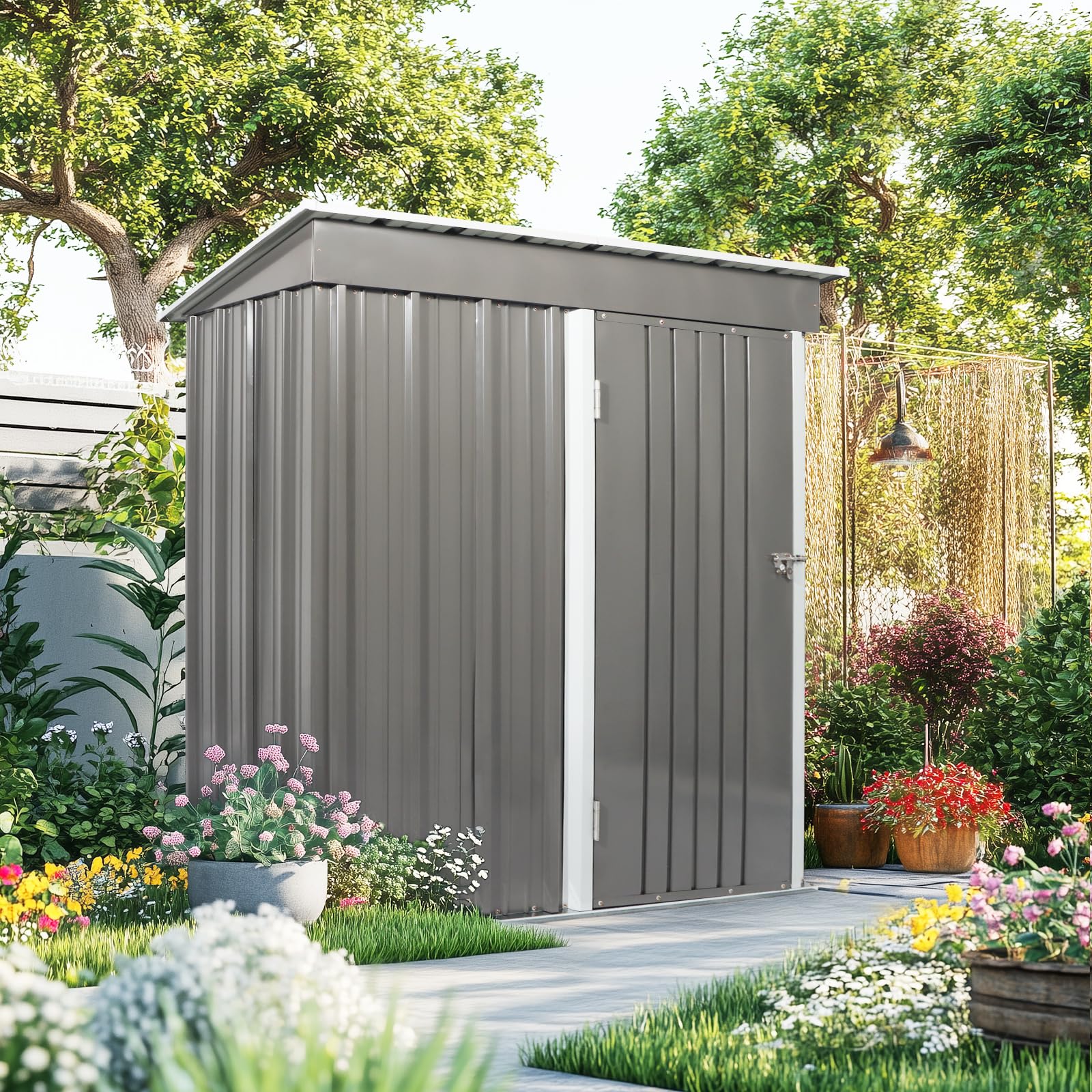 Caseta Jardin Exterior 160x94x181cm, Metálica Cobertizo Jardin Exterior para Almacenamiento de Herramientas en Patio Terraza