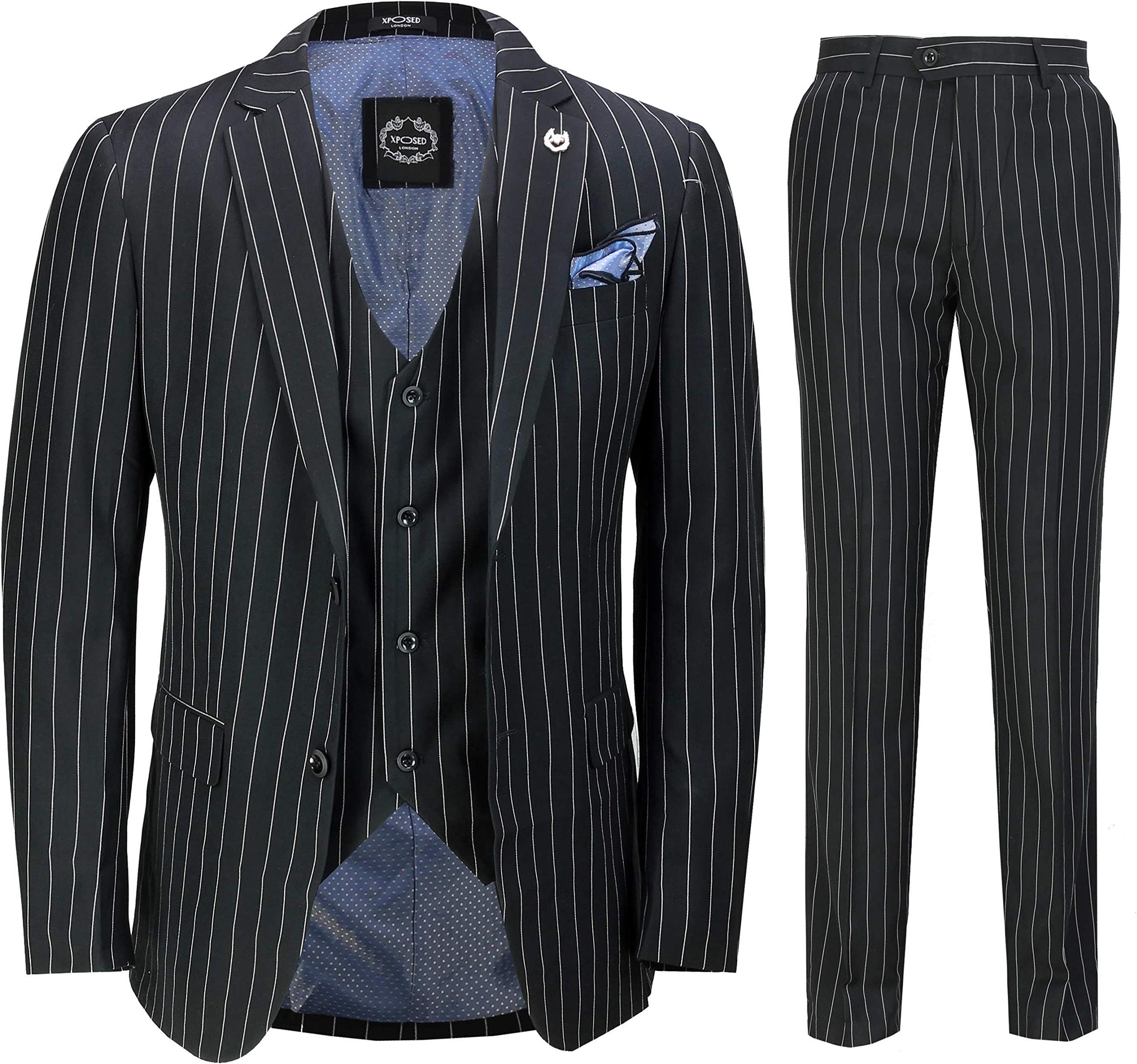 XposedMens 3 Piece Pin Stripe Suit Black White Retro 1920s Gatsby Style