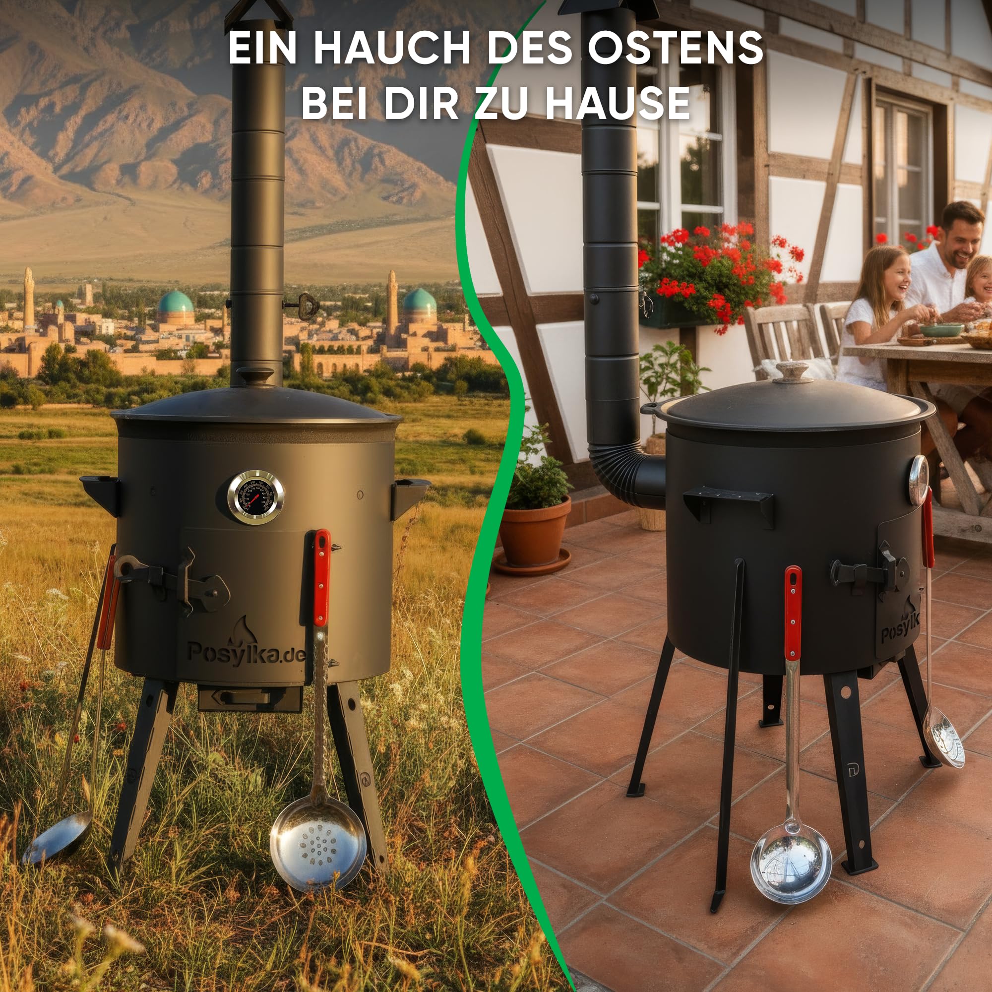 Utschak Uchag - Horno de fuego de 40 cm de diámetro, 2 mm, acero con kazan uzbeko de 12 l, cucharón y cucharón para Plov 48 cm Казан Учаг Kazan Asia (Set 3)