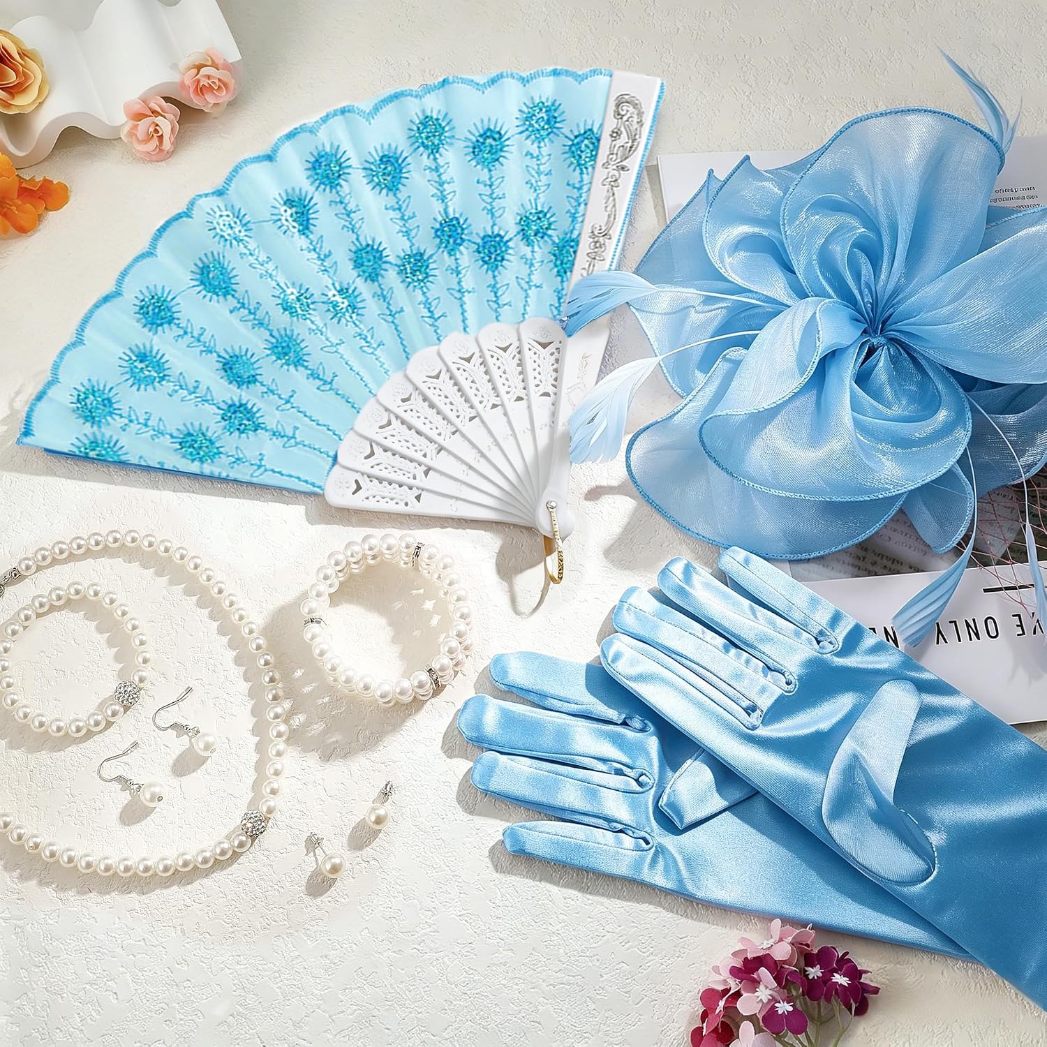 FEYIR Tea Party Costume Outfit for Women Fascinator Hats Glove Fan Pearl Set Halloween Cosplay Tea Party Accessories image 3