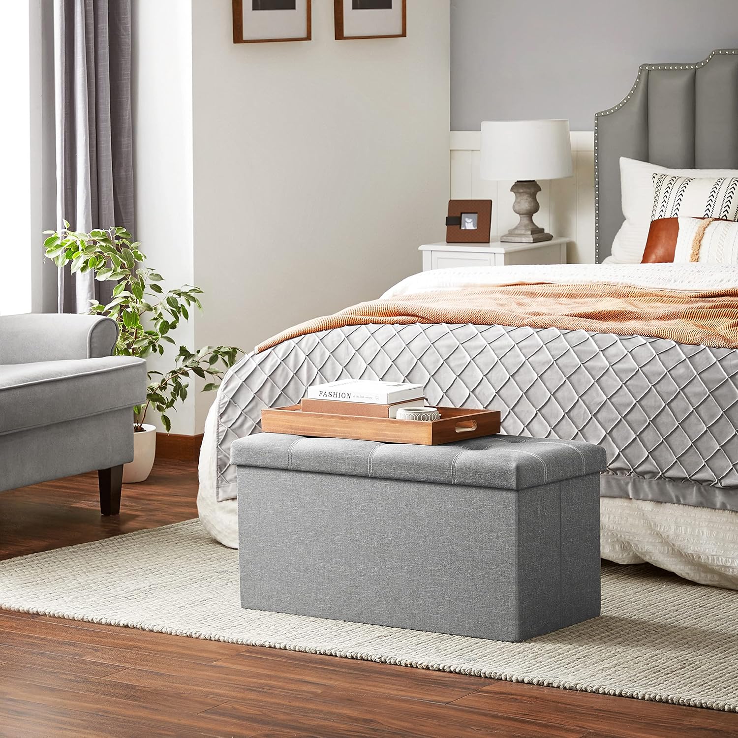 SONGMICS MAZIE Collection - 30 Inches Ottoman Storage Bench, 21 Gal. Folding Chest with Breathable Linen-Look Fabric, Load up to 660 lb, for Entryway, Living Room, Bedroom, Light Gray ULSF001G02 - Image 4