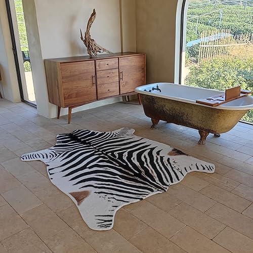Vista 5 de rugoo Alfombra con estampado de cebra de 4.6 x 6.6 pies, color blanco y negro, alfombra de piel sintética con estampado de animales, alfombra