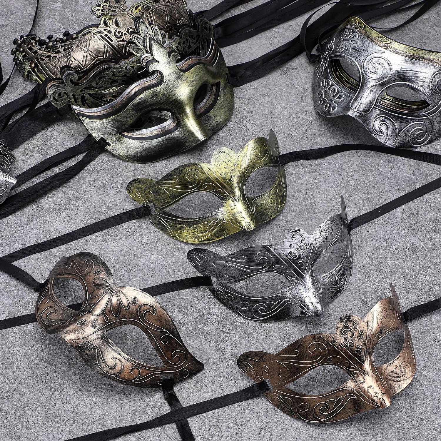 64 Pcs Masquerade Masks Bulk for Women Men Couple, Venetian Vintage Antique Adult Face Halloween Costumes Party Supplies, 32 Styles Each 2 Pcs, Gold Silver Brass Black, Adjustable One Size Fits Most