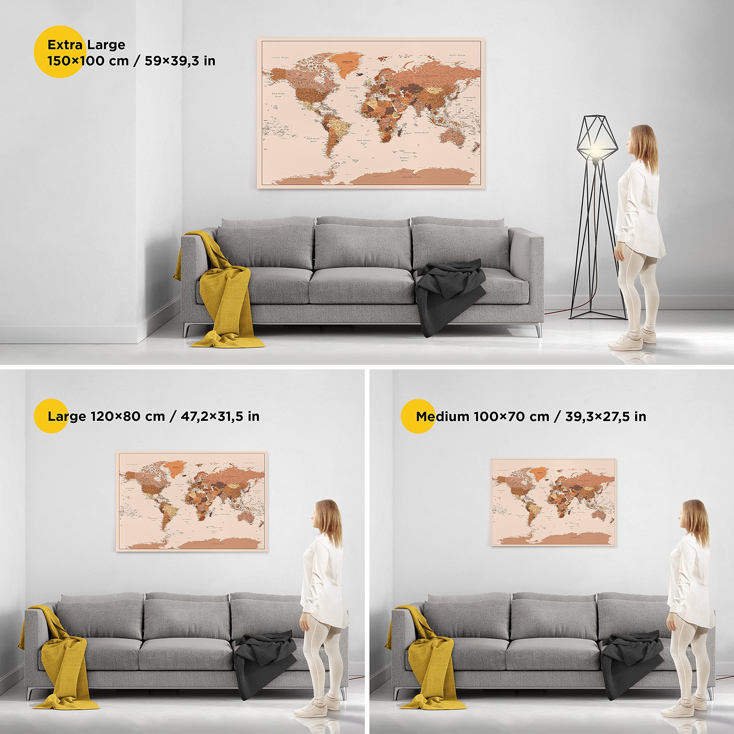 Trip Map Planisfero da Parete – Mappa del mondo - Quadro su tela incorniciato con 100 puntine incluse – Cartina geografica mondo in Marrone - 100x70 / 120x80 / 150x100 cm dimensioni