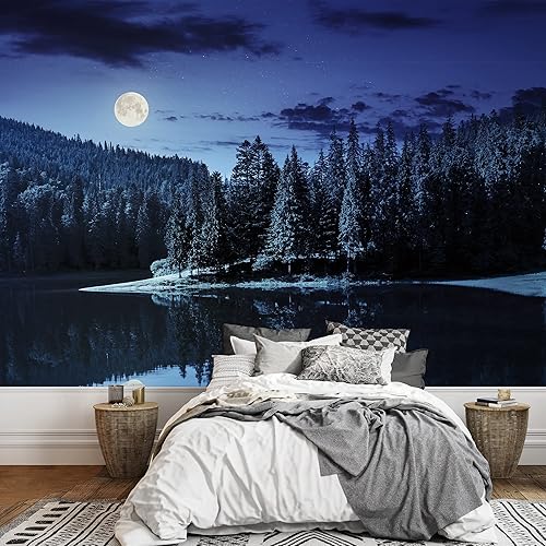 wall26 - Lago cerca del bosque de pinos en montañas por la noche a la luz de luna llena - Mural de pared extraíble autoadhesivo grande - 66x96