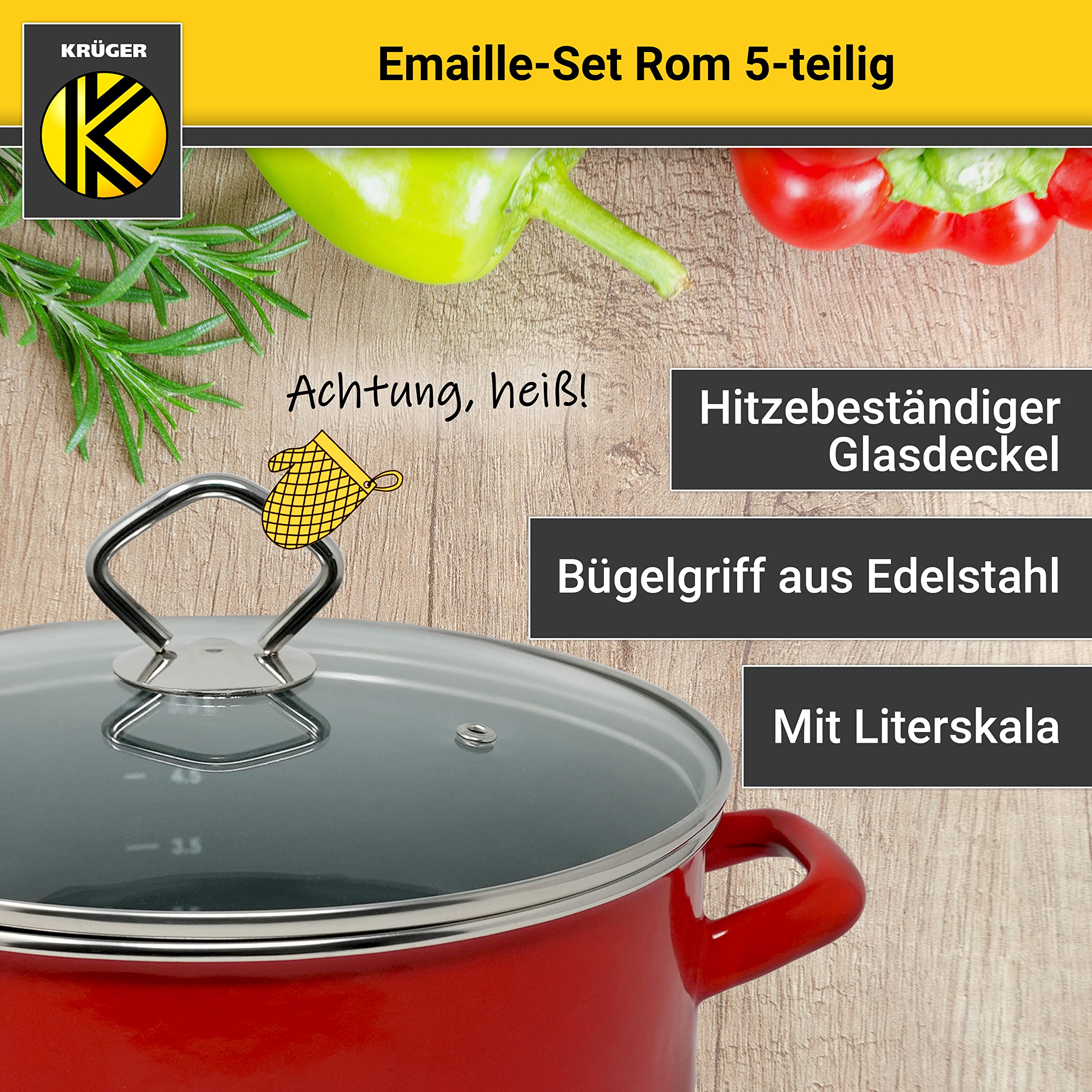 Krüger Emaille-Set Rom 5 teilig - Emaille-Topfset aus Fleischtopf, Stieltopf und Milchtopf - Töpfe mit Vollkontaktboden & Glasdeckel - geeignet für alle Herdarten (Set Rom - rot)