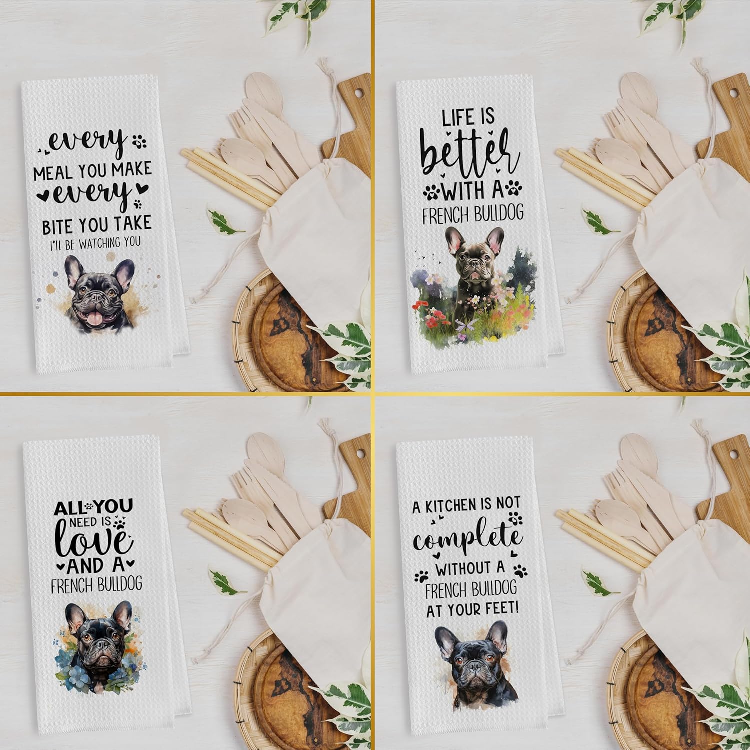 French Bulldog Dish Towels Set - Funny French Bulldog Gifts Decorative Waffle Weave Kitchen Towels, Hand Towel, Tea Towel (16×24 Inches Set of 4) - Image 3