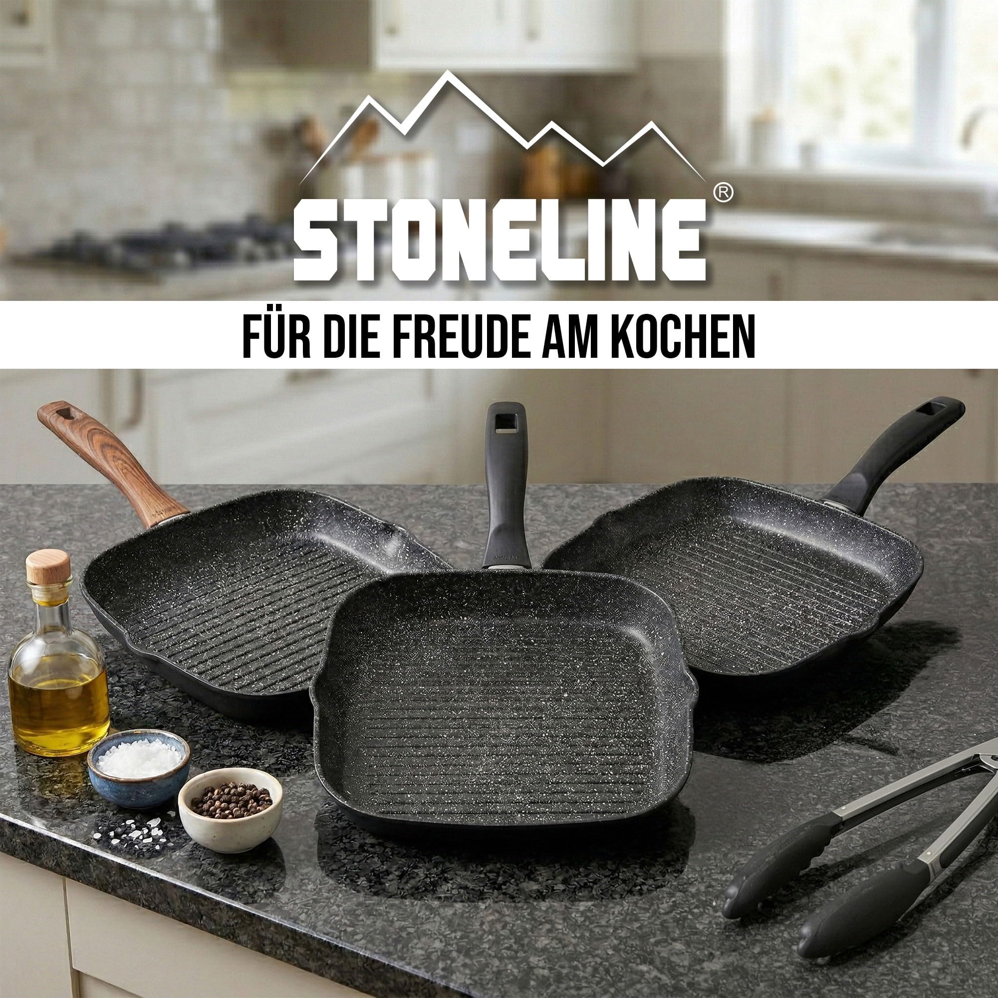 STONELINE Grillpfanne 32 x 32 cm, Aluguss, Antihaftbeschichtung mit echten Steinpartikeln, Große Pfanne Induktion backofengeeignet, Steakpfanne Eckig, Schwarz
