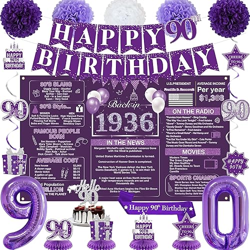 Crenics Decoraciones moradas de cumpleaños 90 para mujer, telón de fondo, pancarta, remolinos, centros de mesa, banda, pompones de papel, decoración