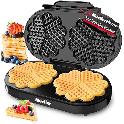 Mueller Double Heart Waffle Maker, Makes 10 Mini Hearts or 2 Large Waffles, 1200W Premium Performance, Double, Non-Stick Cooking Plates with Rapid Even Heating
