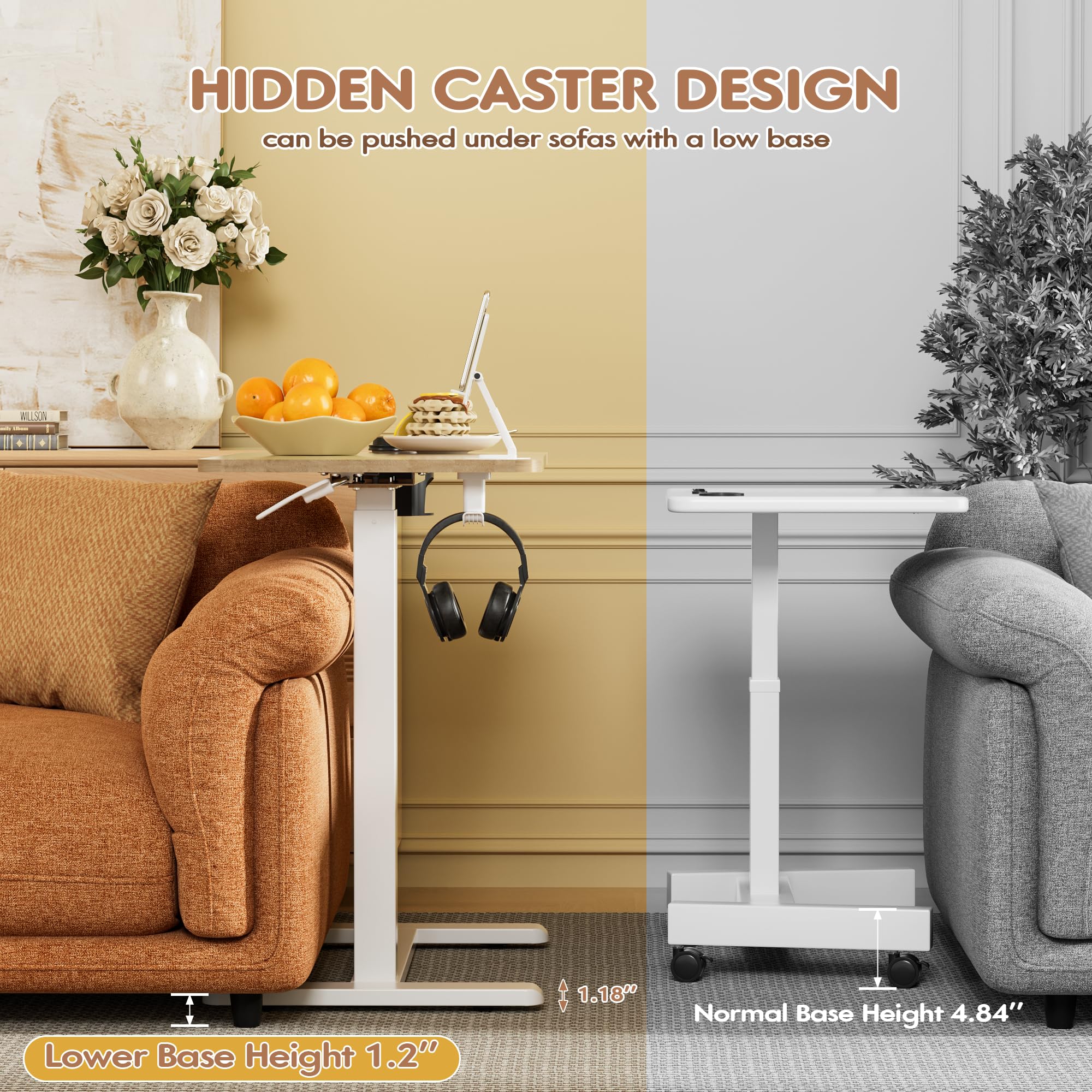 Furmax Mobile Standing Desk with Wheels Pneumatic Adjustable Rolling Computer Desk Laptop Table for Bed Couch Maple Small — view 5