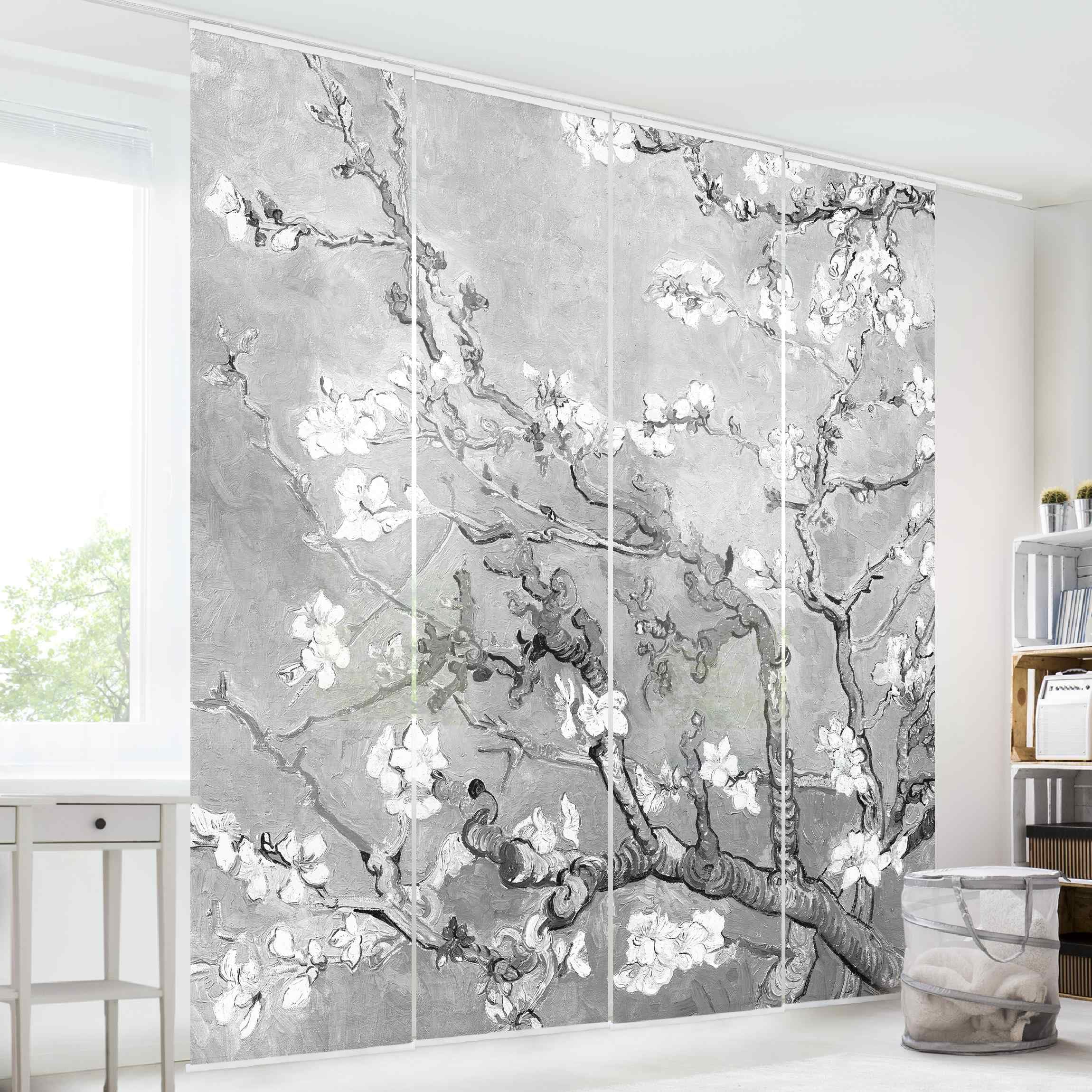 Schiebegardine halbtransparent 60er Paneel Klett Blumen Textil lichtdurchlässig - Motiv Modern Flächenvorhang grau Wohnzimmer Schlafzimmer 2524 (240x250 cm - 4er Set)