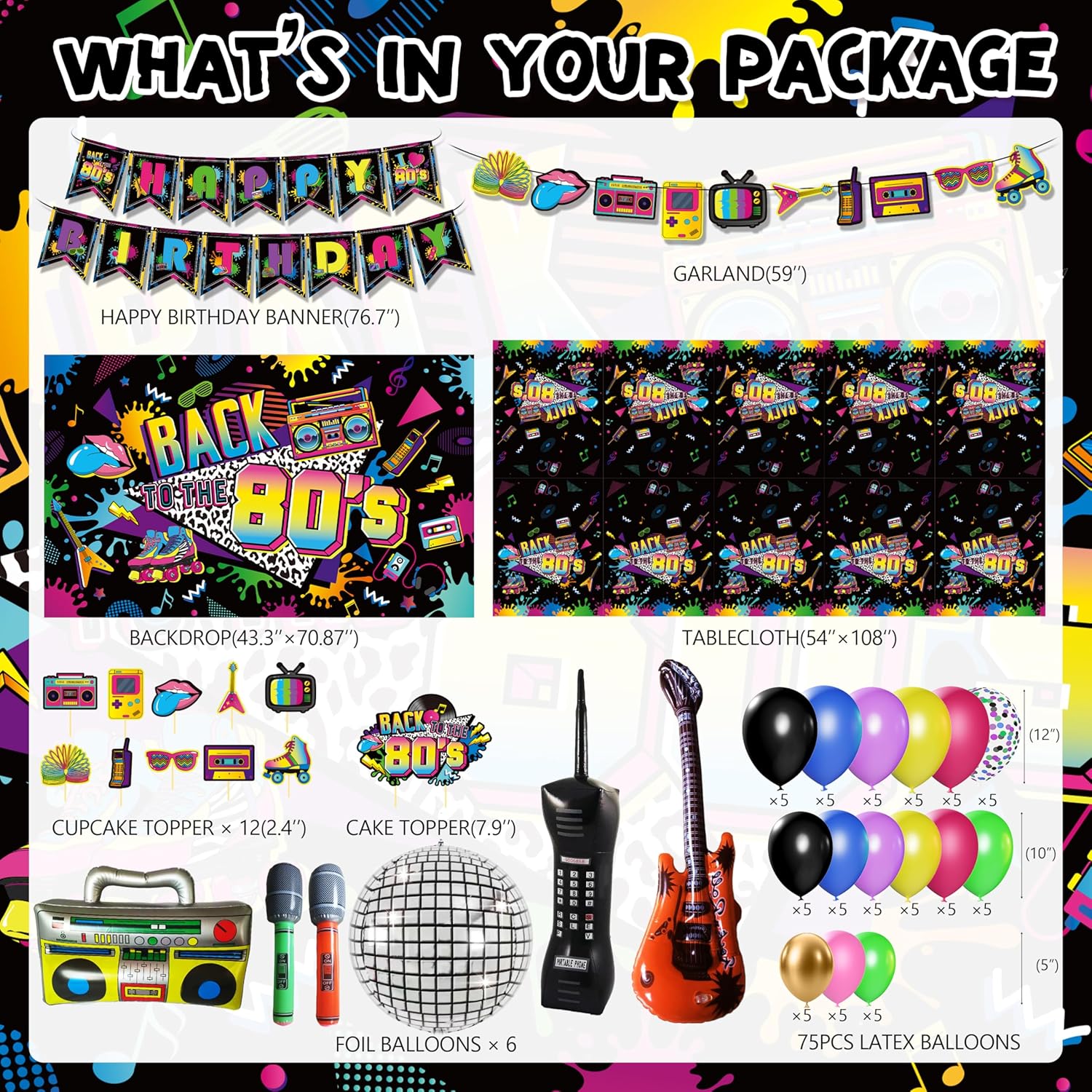 80s Party Decorations 90s Theme Birthday Party Decorations 80s Party Supplies with Back To The 80's Backdrop Tablecloth HAPPY BIRTHDAY Bannner Radio Boombox and Mobile Phone Balloon Arch Kit