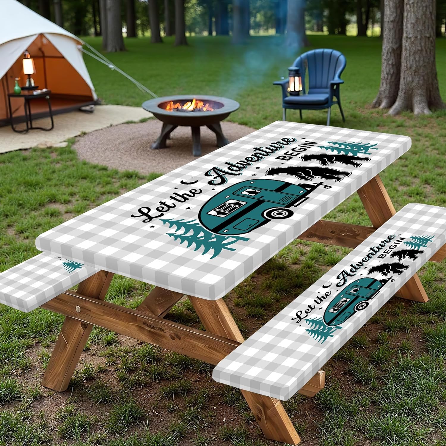 Fitted Picnic Table Cover with Bench Covers and Bag,Outdoor Waterproof Windproof Tablecloth with Elastic Edges. Camping RV Gear Campers Must Have 72x30 Inches 3 Pcs Set (Black & White, Green)