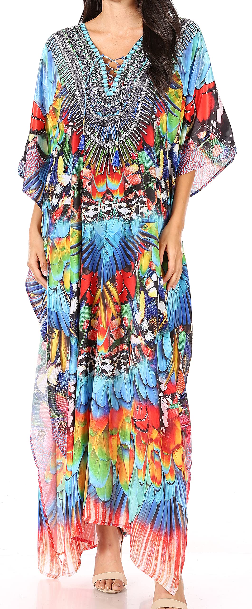 Sakkas Yeni Women's Short Sleeve V-Neck Summer Floral Long Caftan Dress Cover-up