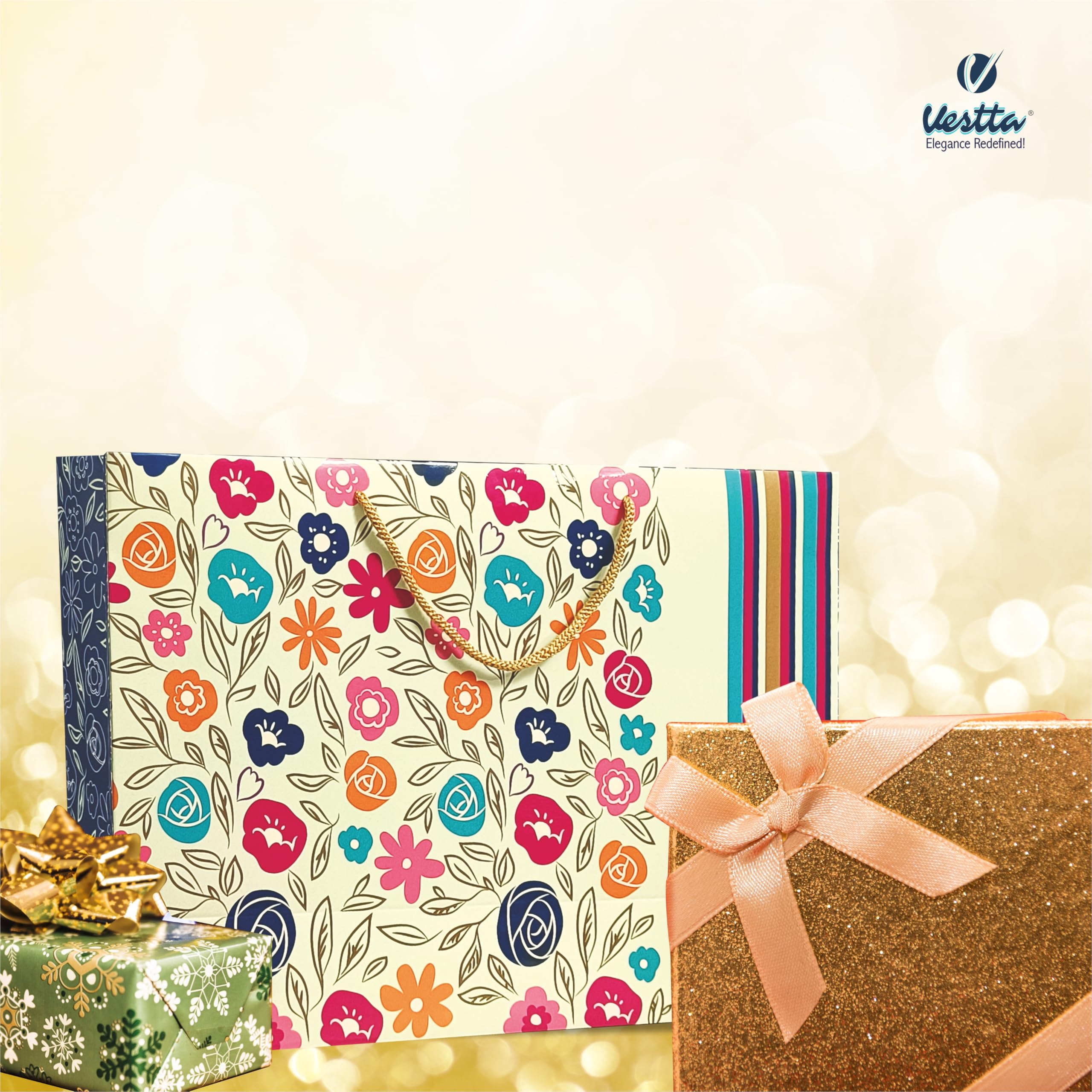 VESTTA -ELEGANCE REDEFINED Gifts Bags with Colourful Flowers, Pack of 10, Weddings, Birthdays, Diwali with Gift Tags (Large((14 Inch (L) x 4.5 Inch (B) x 10 Inch (H), Off-White) 4