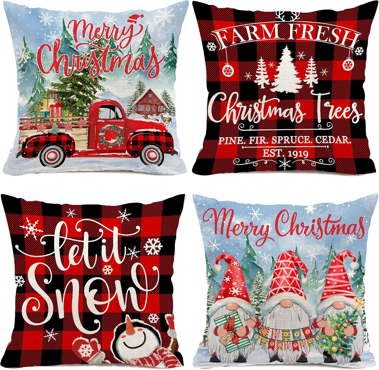 pinata Christmas Pillow Covers 18x18 Set of 4, Outdoor Merry Christmas Throw Pillow Covers, Buffalo Plaid & Red Truck Decorative Pillow Covers for Couch, Farmhouse Christmas Pillow Case
