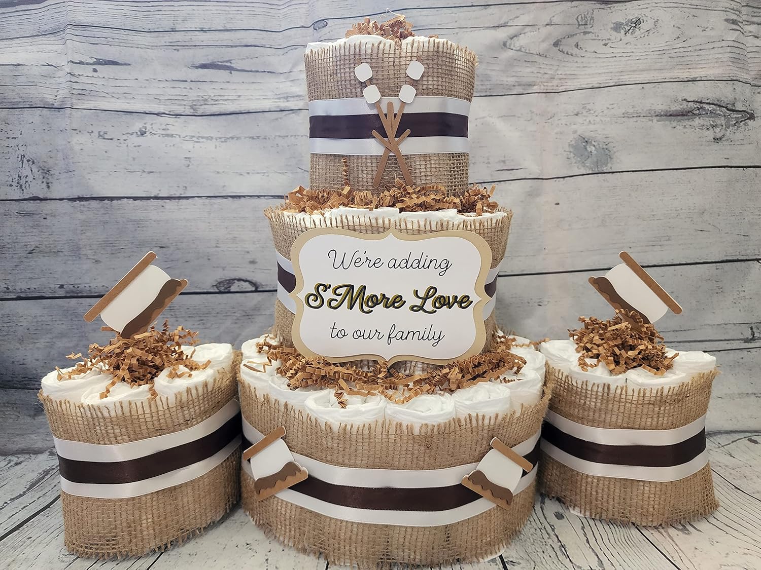 Smore Love Theme Diaper Cake 3 piece set - 3 Tier - Baby Shower Gift - Brown, Chocolate Black, White