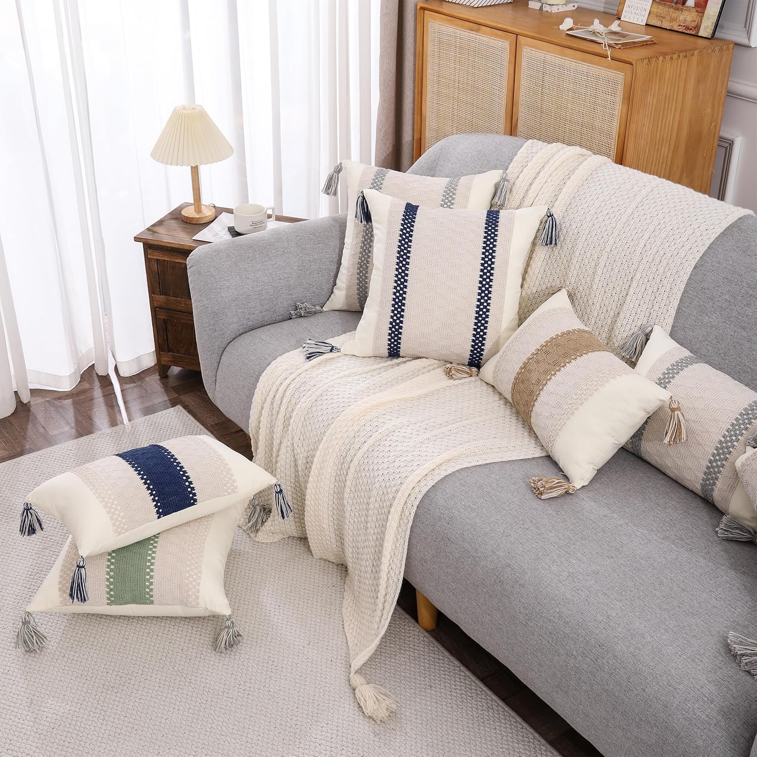 Tosleo Boho Navy Blue Striped Throw Pillow Covers 20x20 Set of 2 with Tassels Neutral Coastal Pillowcase Farmhouse Rustic Retro Cushion Case Bohemian Home Spring Decor for Wedding Bedroom Living Room - Image 9