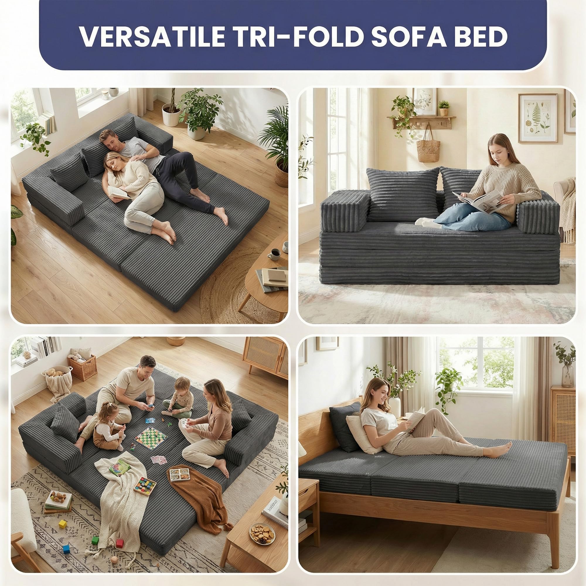 Convertible Sofa Bed, 4-in-1 Boneless Loveseat with Removable Armrests Backrest, Corduroy Futon Couch Bed with Pillow, Foldable Mattress Sleeper Sofa for Living Room Bedroom Small Place (Grey)