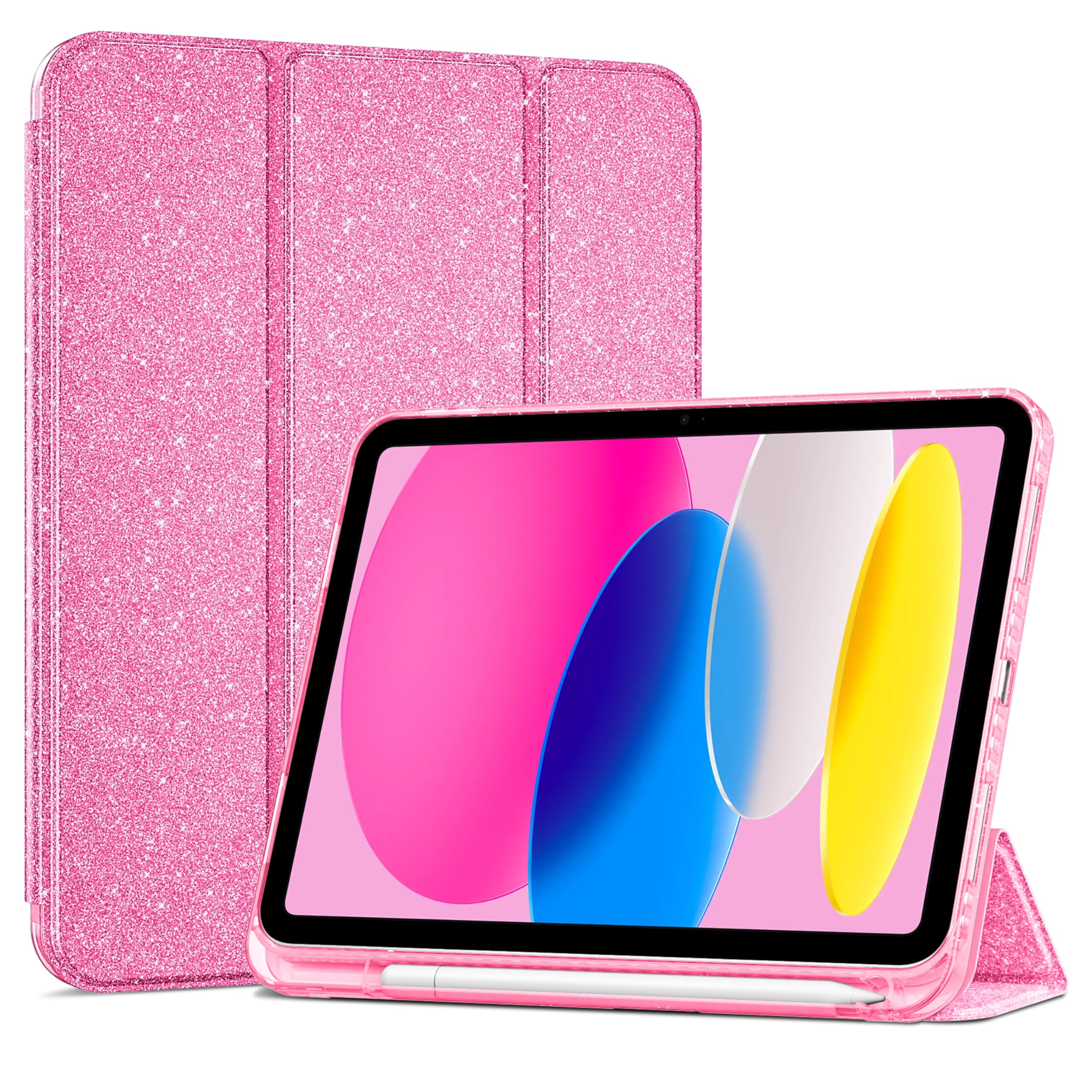 ProCase Cover iPad 11 Generazione A16 11 Pollici 2025/iPad 10 Generazione 10,9 Pollici 2022,Custodia con Portapenna Auto Sonno/Veglia -Glitter Rosa
