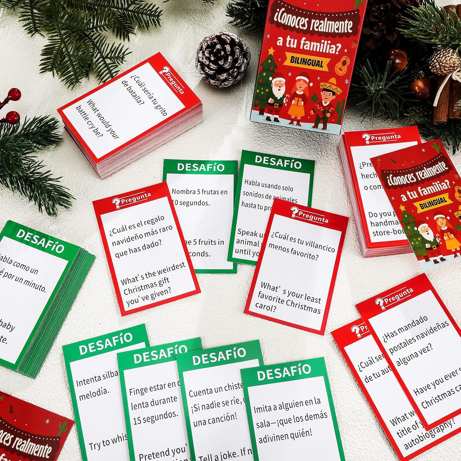 Jenaai Spanish and English Christmas Party Games Family Gathering Conversation Cards Against Story Family Edition Game Talking Conversation Card with 180 Challenge and Question for Xmas Party