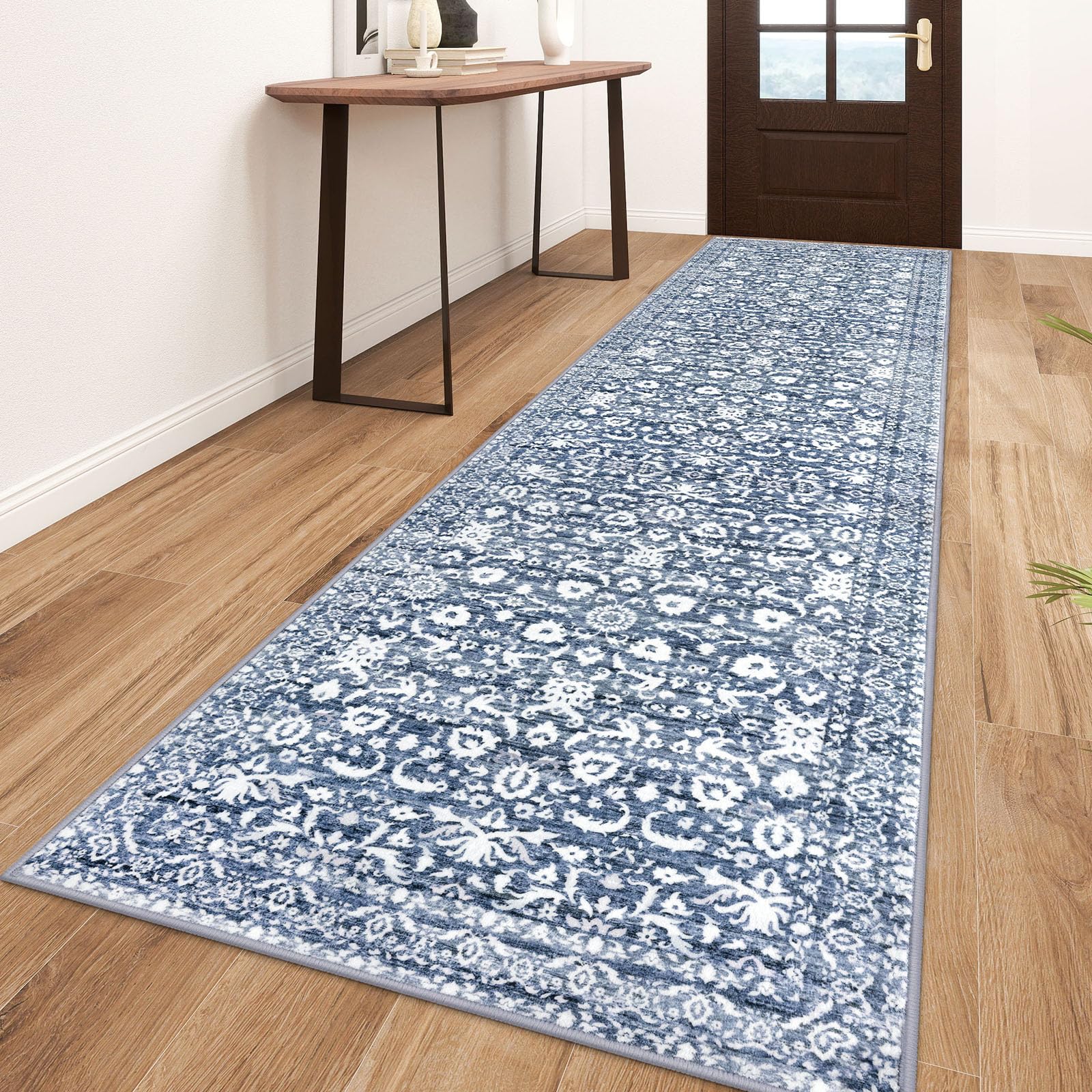 Lansny Vintage Runner Rug 3x10, Light Blue White Washable Kitchen Runner Non-Slip Soft Hallway Rug Runner Floral Thin Print Faux Wool Carpet for