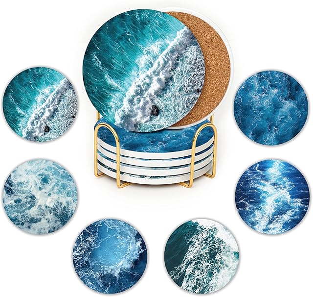JJ PRIME - Ceramic Coasters Set Of 6 | Absorbent Coasters With Holder | Drink Coasters with Cork Based - Non Scratch, Anti Slip Glass Coasters House Warming Gifts (Ocean)