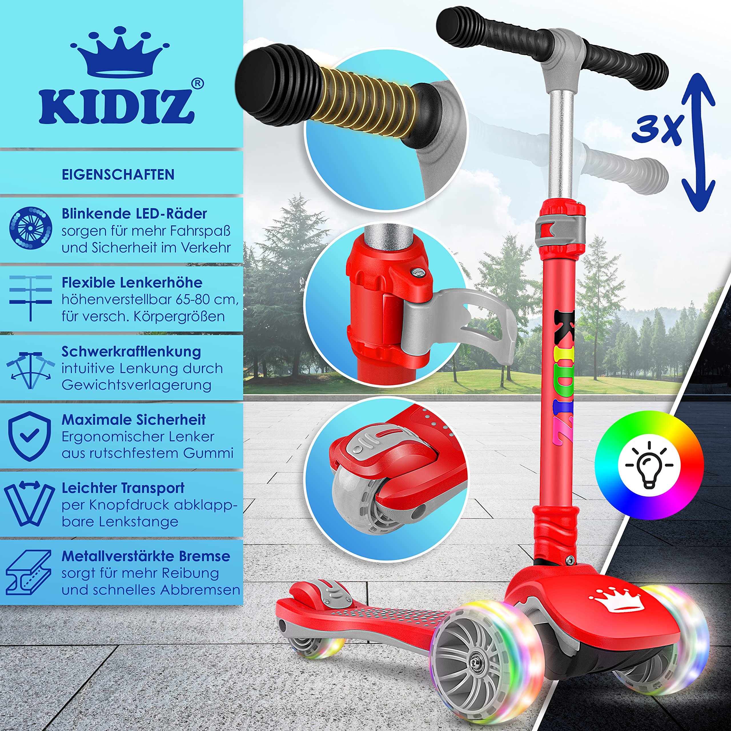 KIDIZ® Scooter Scooter per bambini X-Pro2 Triciclo Scooter con ruote luminose a LED in PU Scooter a pedali pieghevole Scooter da città regolabile in altezza Scooter per bambini ragazze 3-12 anni