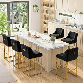 24 Velvet Counter Height Bar Stools Set of 6,Gold Bar Stools with Back, Beige Island Chairs with Gold Chrome Plated Metal Leg,Barstools for Kitchen CounterBlack