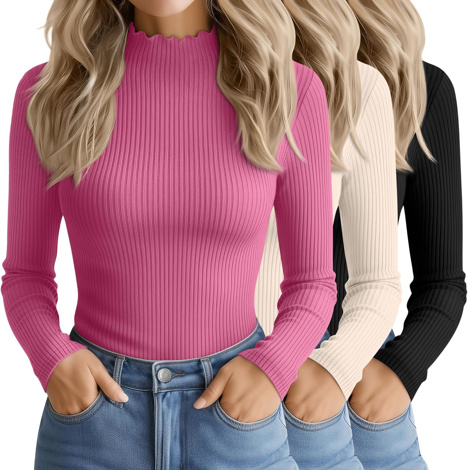 3 Pack Women's Cotton Long Sleeve Mock Turtleneck Tops Ribbed Lettuce Trim Slim Fit Shirts Thermal Base Layer(Peach Pink, Light Beige, Black,Medium)