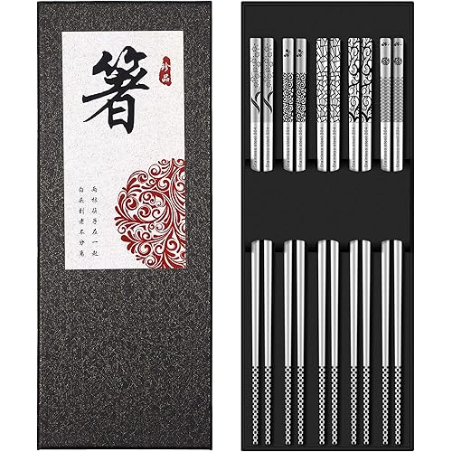 Metal Chopsticks Reusable 18/8 Stainless Steel Chopsticks Multipack Dishwasher Safe Chop Sticks Cute Laser Engraved Non-slip Japanese Korean Chopstick for Cooking Eating 9 1/4 Inches 5 Pairs Gift Set