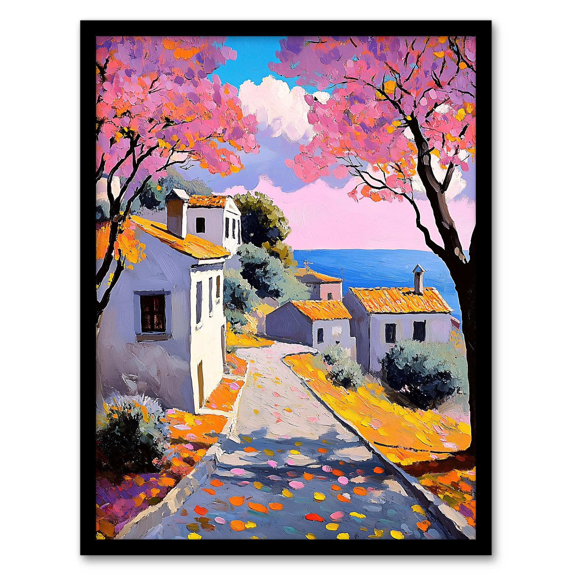 Artery8 French Coastal Village With Cherry Blossoms Trees Living Room Artwork Framed Wall Art Print A4