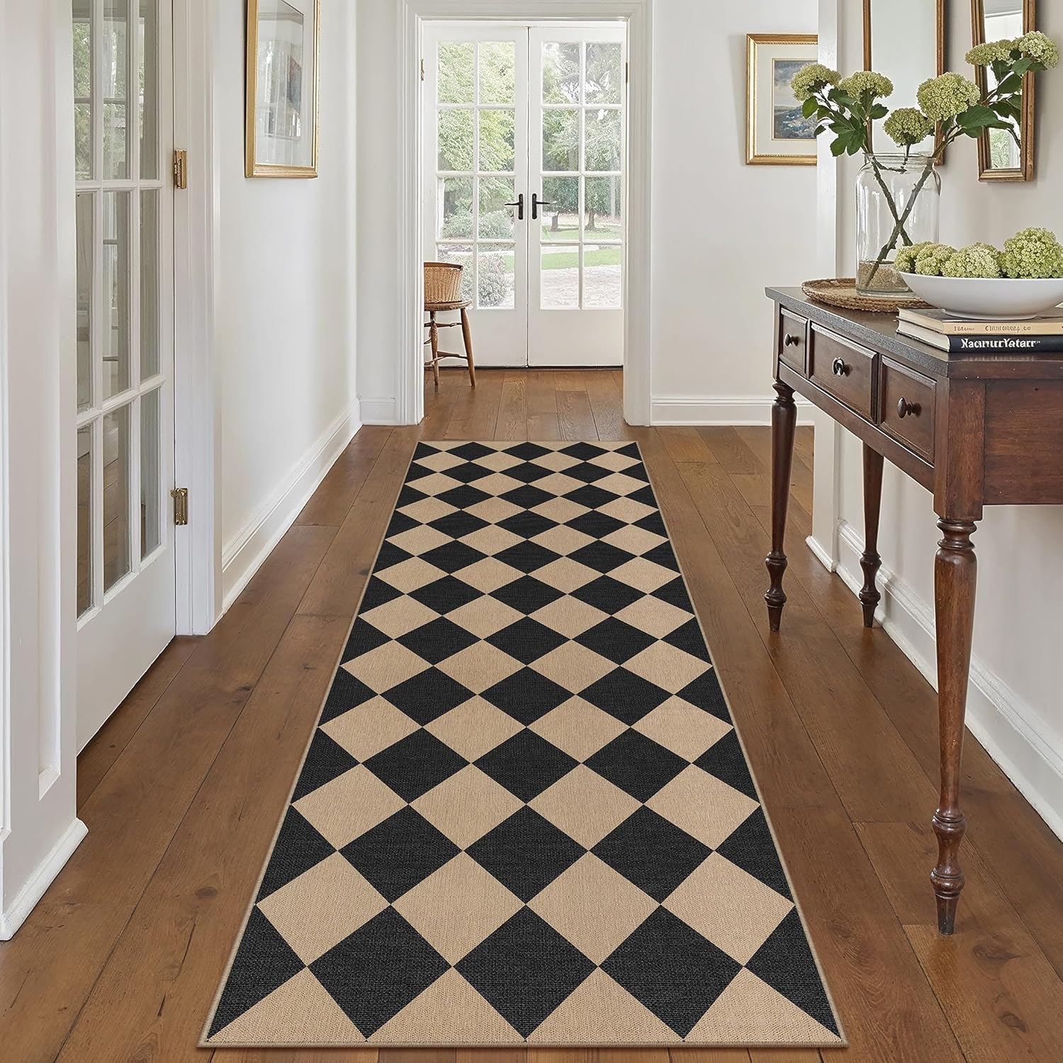 2x8 Checkered Easy Jute Runner Rug Non Slip Hallway Kitchen Washable Outdoor Rug for Entryway Indoor Checkerboard Black Long Indoor Outdoor Carpet for Bedside Entry Front Door Porch